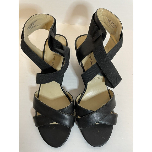 Adrienne Vittadini Woman’s Black Open Toe Wedge Sandals Elastic Slip On 6 Shoes - Picture 4 of 13